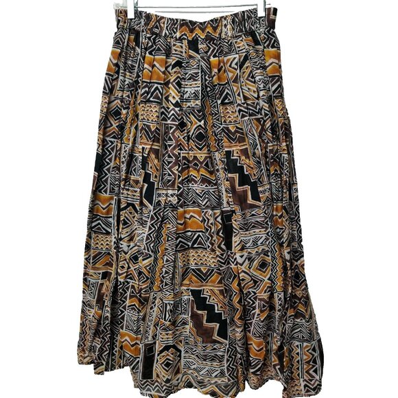 Bechamel Pleated Modest Hippie Long Skirt Stretch Waist Size Med Ethnic Print - Picture 1 of 5